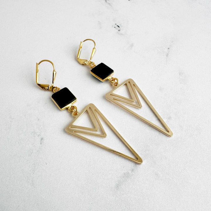 Black Onyx and Layered Triangle Statement Earrings in Gold