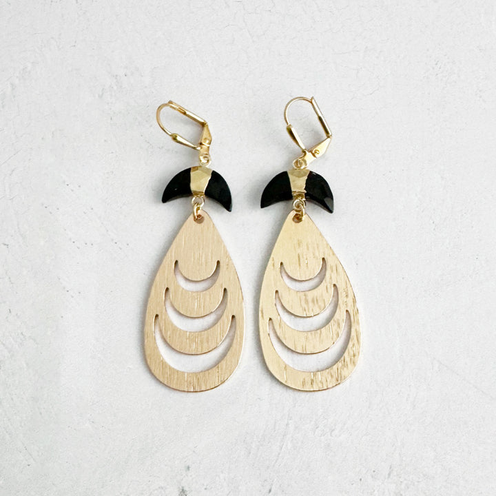 Black Onyx Crescent Earrings in Brushed Gold