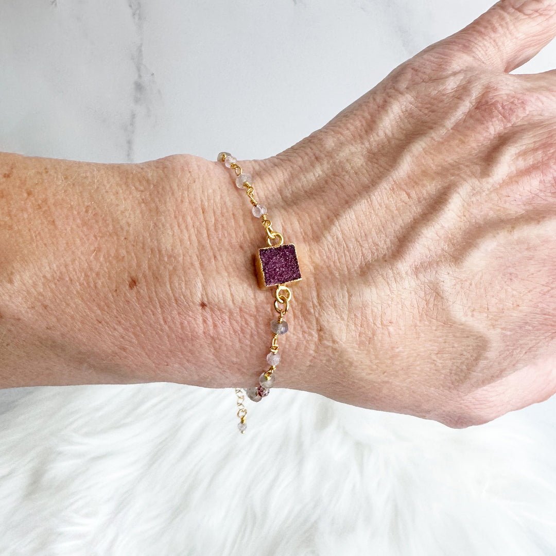 Burgundy Druzy and Strawberry Quartz Beaded Chain Bracelet in Gold