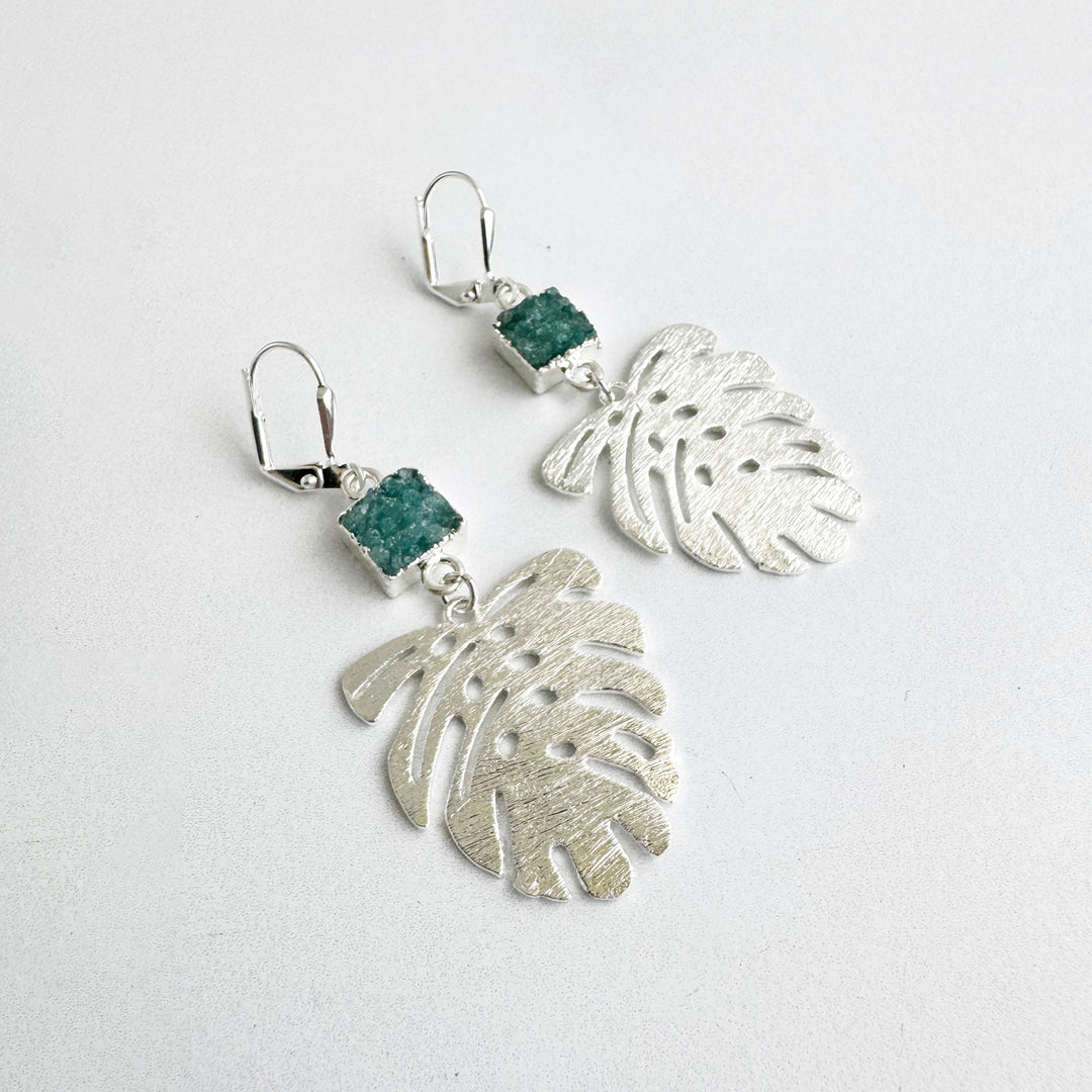 Teal Druzy Monstera Earrings in Brushed Silver