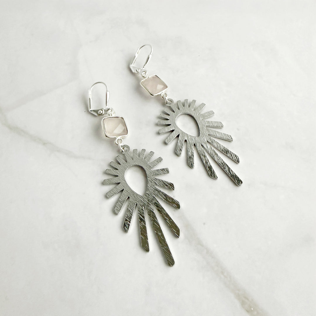 Rose Quartz and Starburst Statement Earrings in Brushed Silver