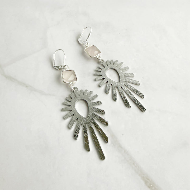Rose Quartz and Starburst Statement Earrings in Brushed Silver