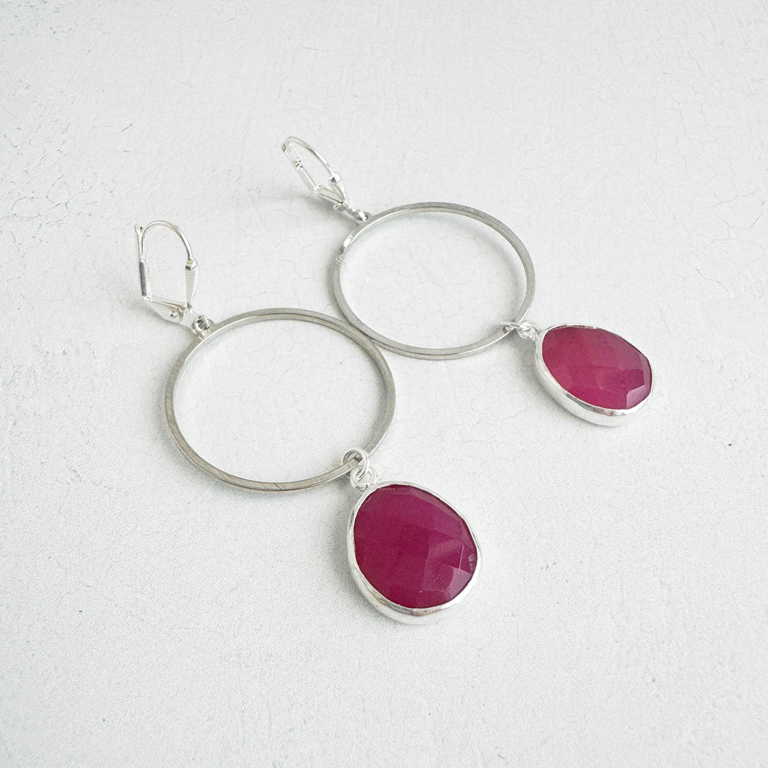 Fuchsia Chalcedony Hoop Dangle Earrings in Brushed Gold and Silver