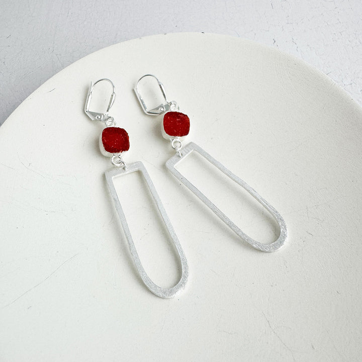 Orange Druzy Horseshoe Earrings in Brushed Silver