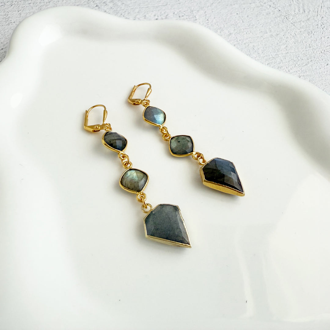 Long Labradorite Shield Gemstone Drop Earrings in Gold
