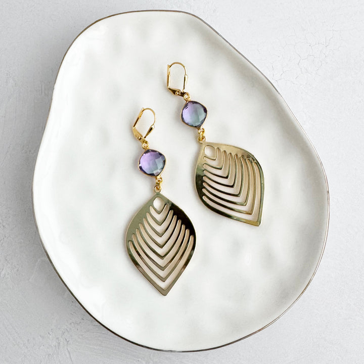 Purple Aura Quartz Marquise Leaf Earrings in Brushed Gold