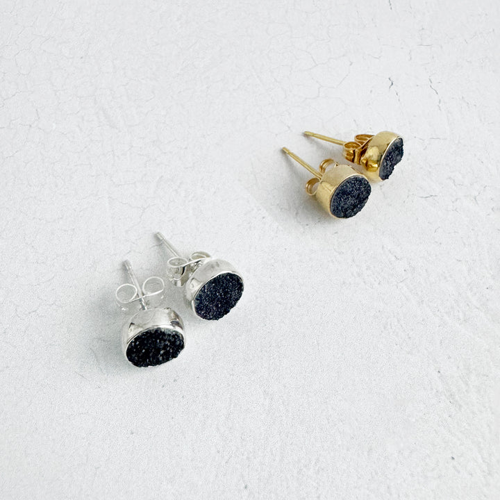 Black Druzy Dot Stud Earrings in Gold and Silver