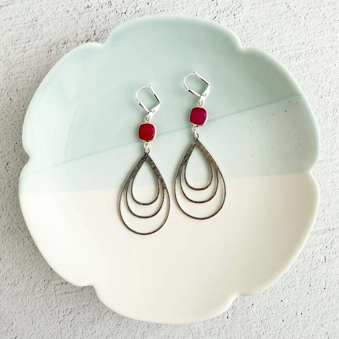 Fuchsia Chalcedony and Multiple Teardrop Earrings in Brushed Silver