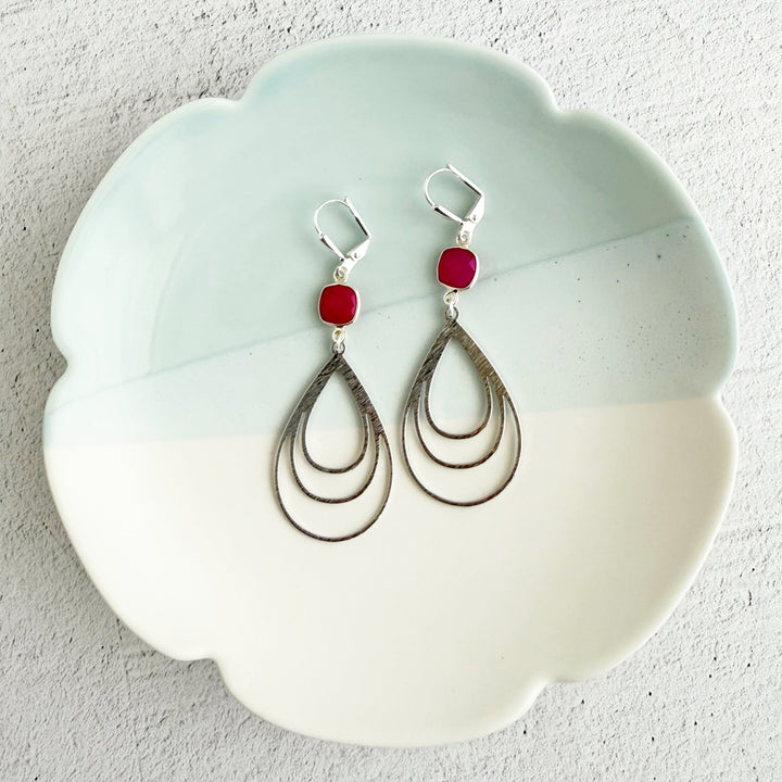 Fuchsia Chalcedony and Multiple Teardrop Earrings in Brushed Silver