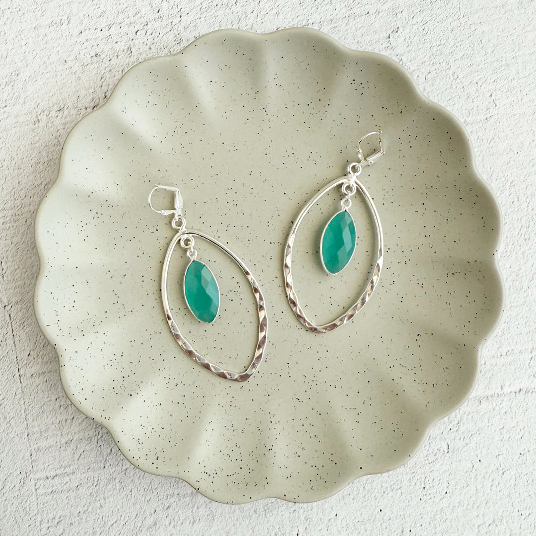 Aqua Chalcedony and Hammered Marquise Dangle Earrings in Silver