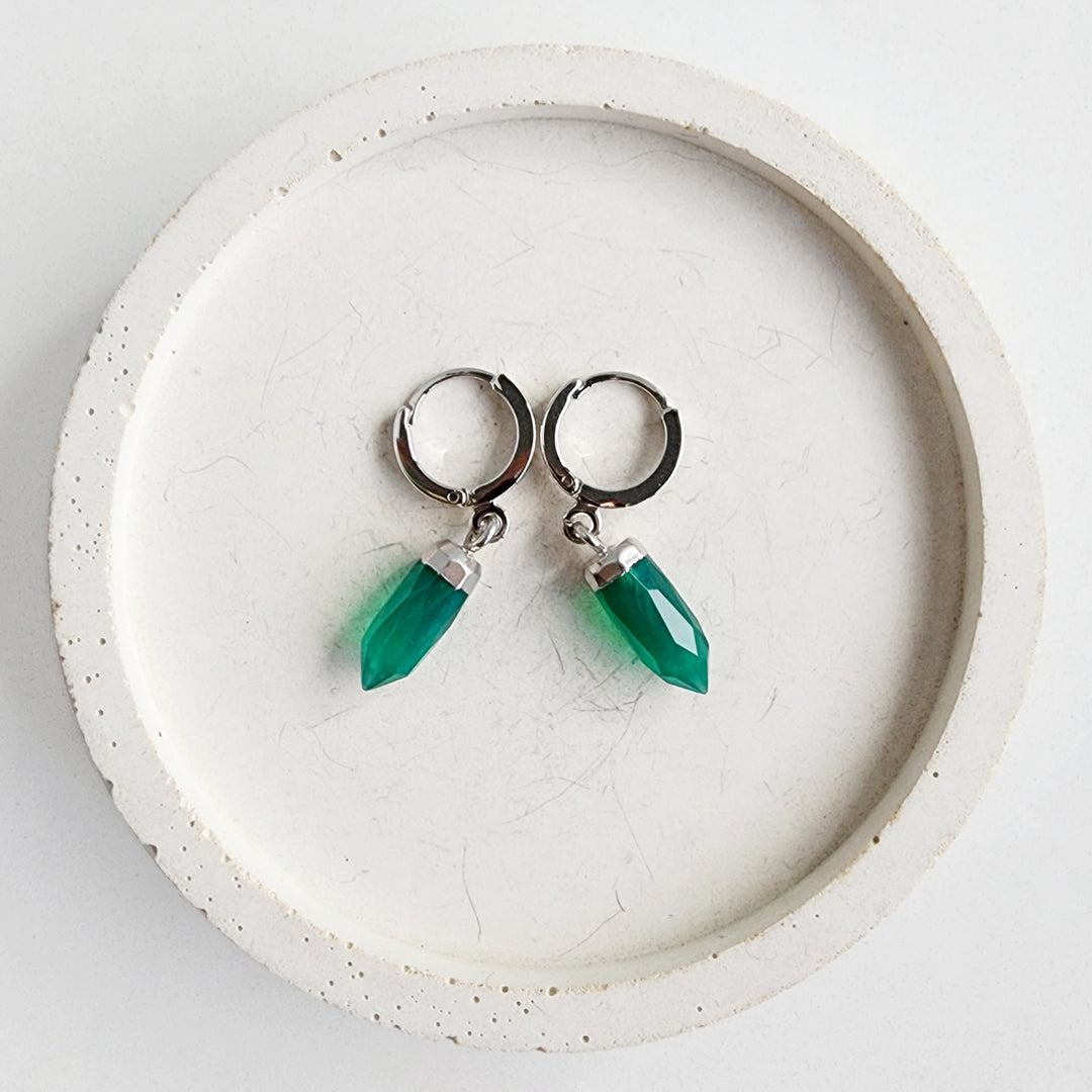 Green Quartz Point Huggie Earrings in Silver