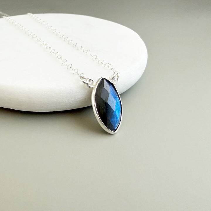 Labradorite Vertical Marquise Bezel Pendant Necklace