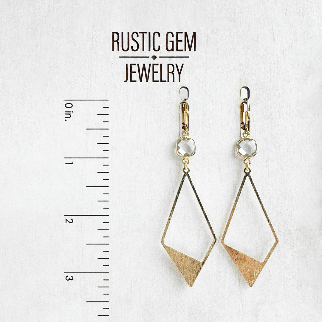 Clear Stone Diamond Pendant Earrings in Brushed Gold