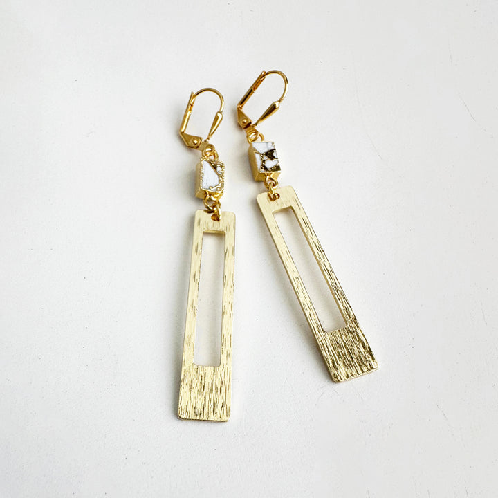 White Mojave Rectangle Dangle Earrings in Brushed Gold