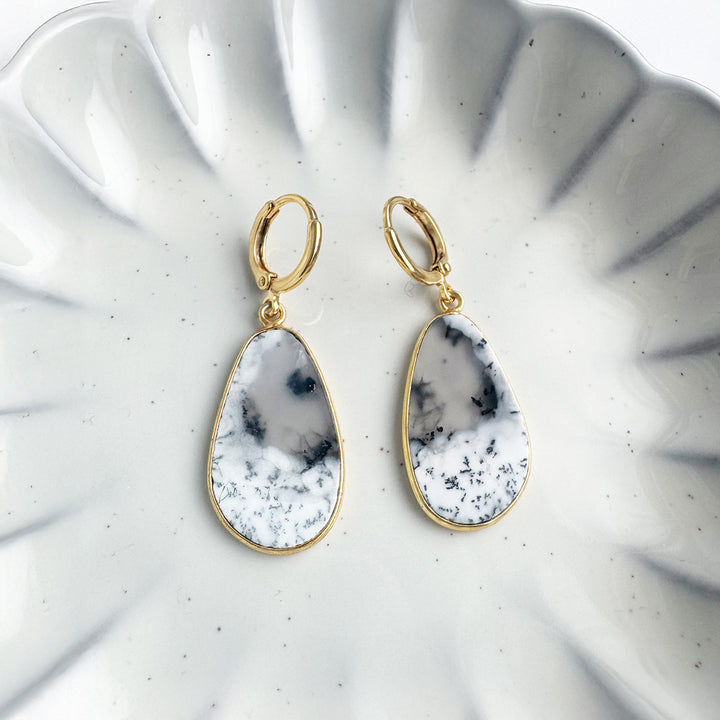 Statement Gemstone Slice Drop Earrings in Gold - Dendrite Opal