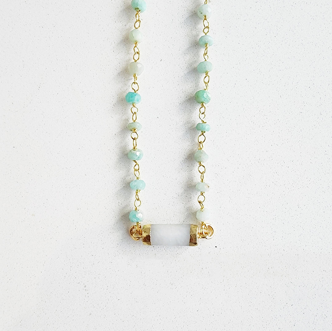 Amazonite Beaded Choker Necklace with Small White Aventurine Pendant in Gold