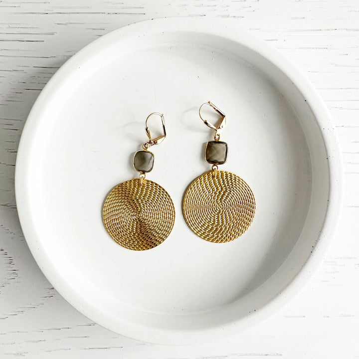 Patterned Circle Earrings with Labradorite Stone in Brushed Brass Gold