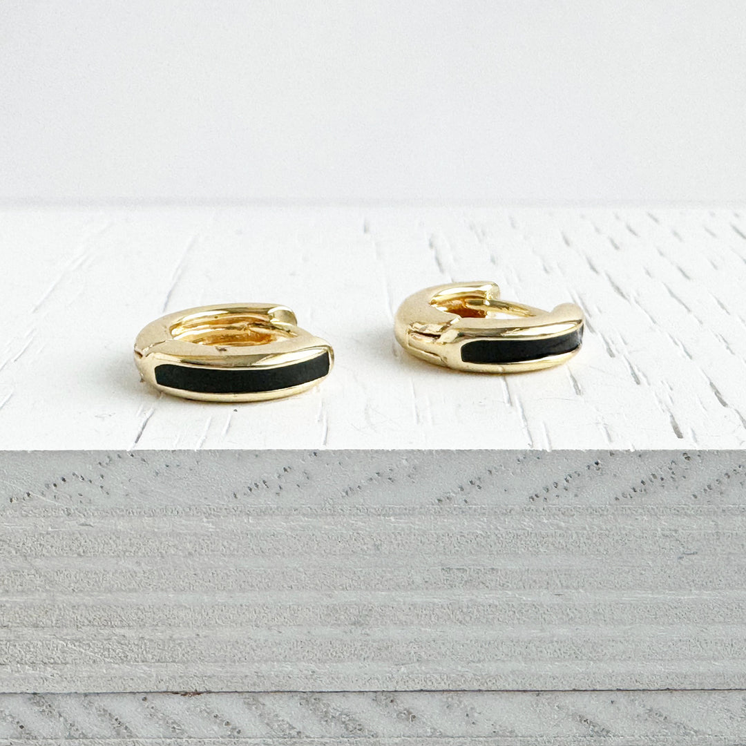 Black Enamel Huggie Earrings in 18k Gold