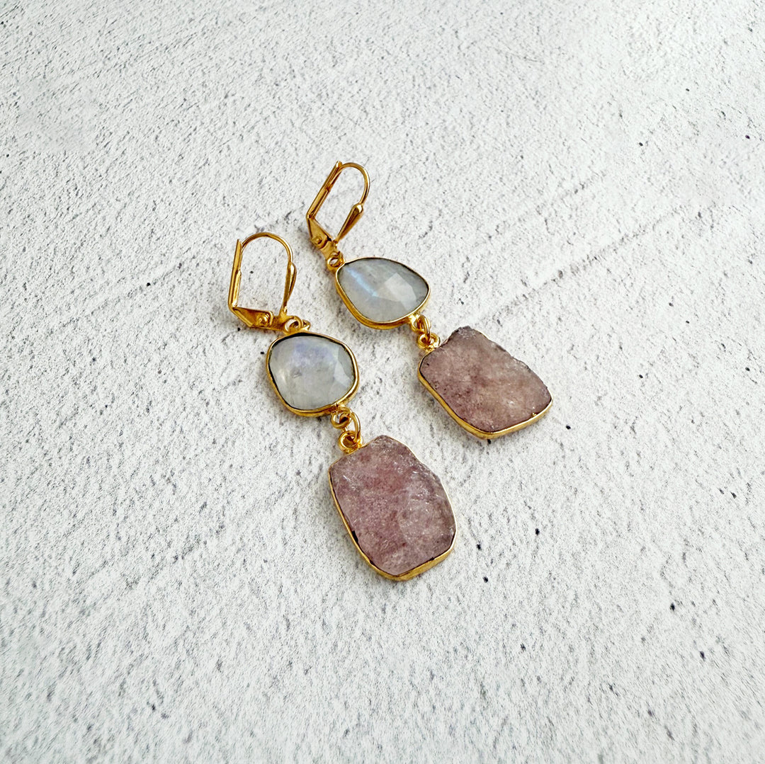 Long Freeform Gemstone Drop Earrings in Gold with Strawberry Quartz and Moonstone