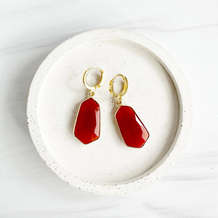 Kite Shaped Red Carnelian Huggie Earrings in Gold