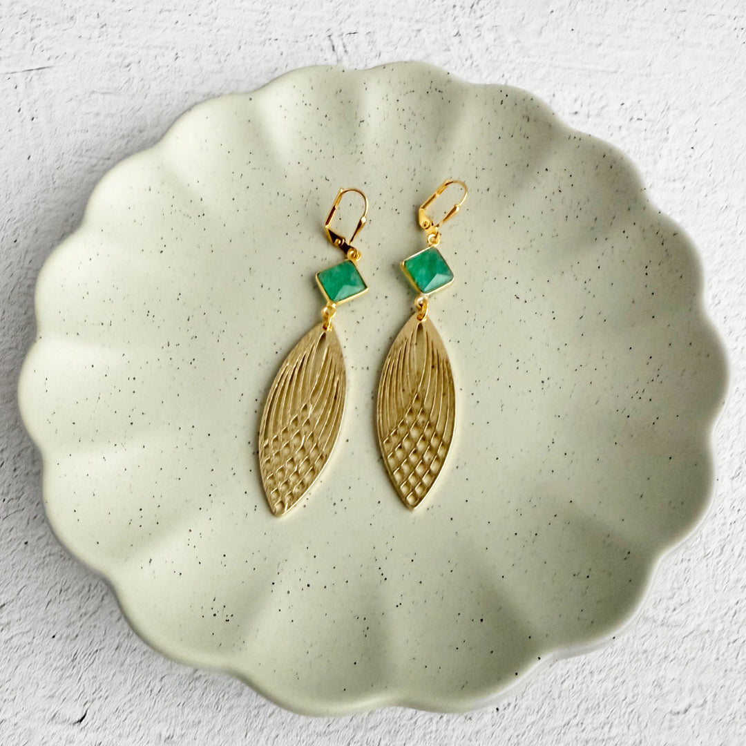 Raw Emerald and Patterned Marquise Earrings in Brushed Gold