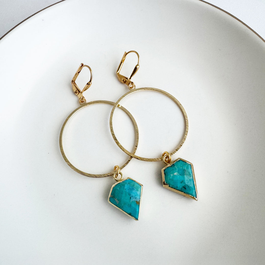 Turquoise Shield Stone Hoop Earrings in Brushed Gold