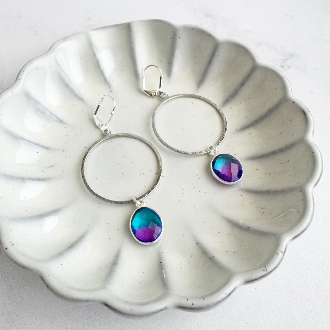 Blue Purple Aura Quartz Hoop Dangle Earrings in Silver