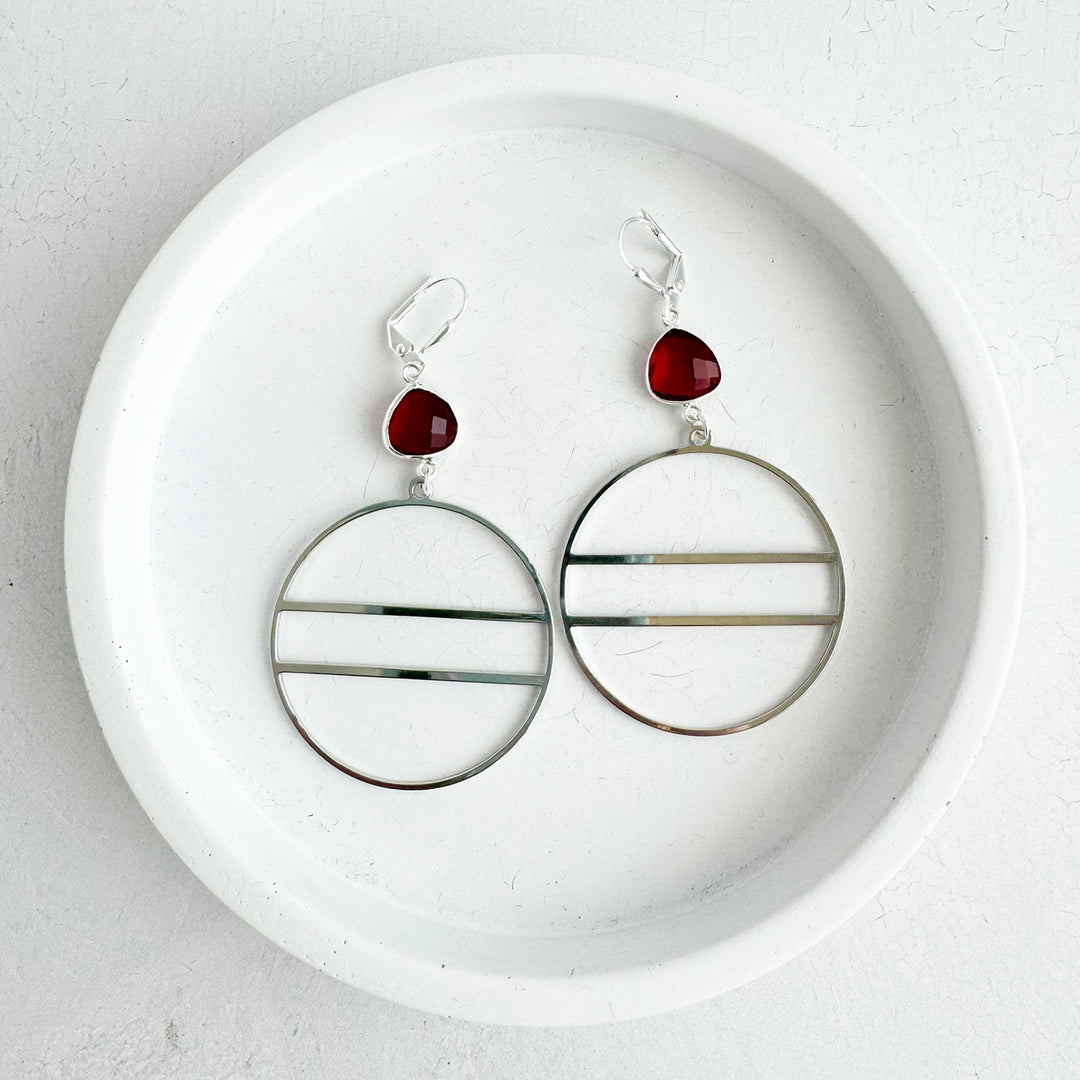 Garnet Geometric Hoops in Gold and Silver