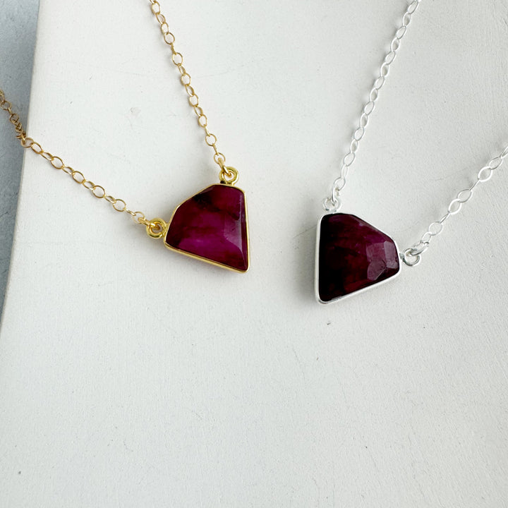 Ruby Triangle Bezel Necklace in Gold and Silver