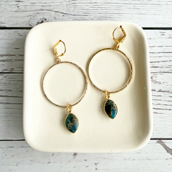 Teal Mojave Hoop Dangle Earrings in Brushed Gold