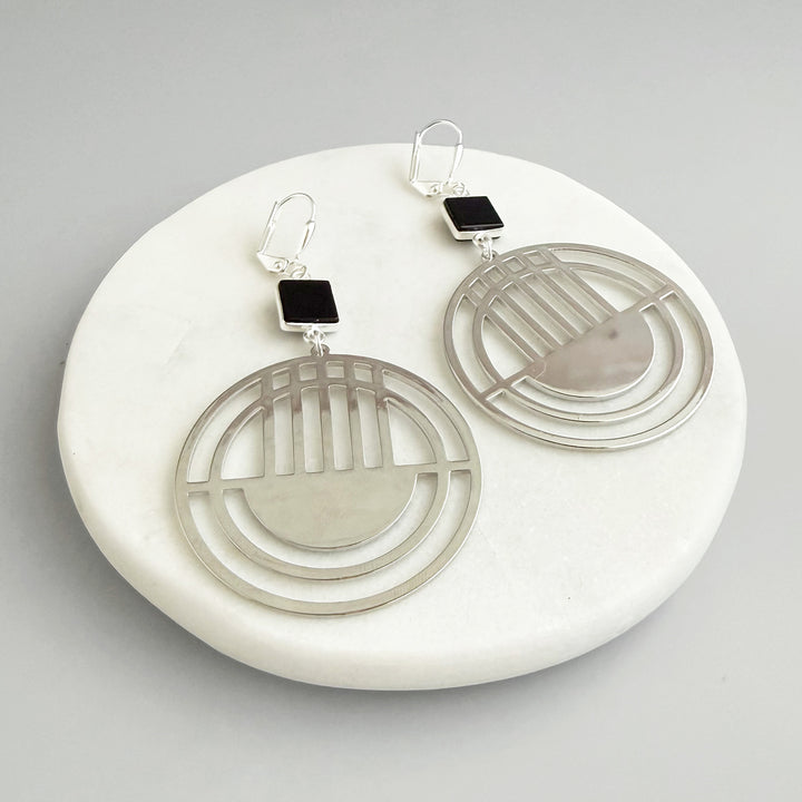 Geometric Hoop Earrings with Black Onyx Stones