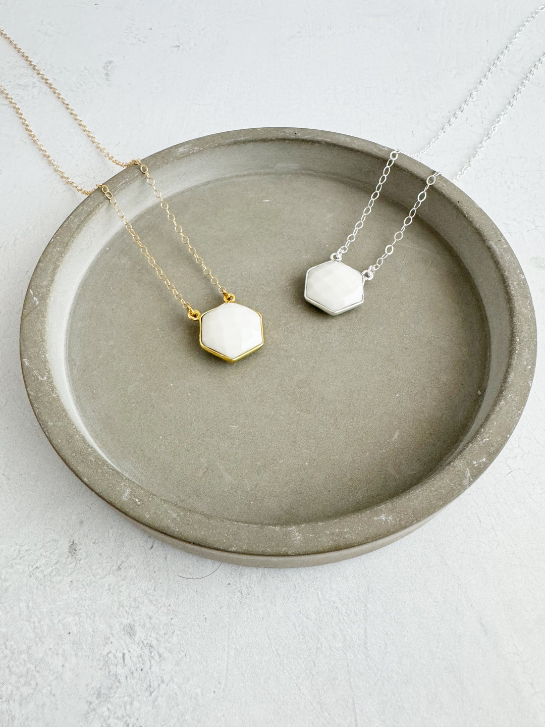 White Agate Hexagon Bezel Necklace in Gold and Silver