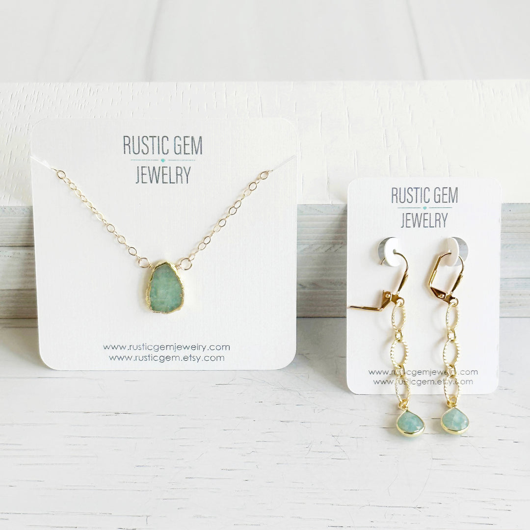 Aquamarine Gemstone Necklace and Earrings Set in Gold
