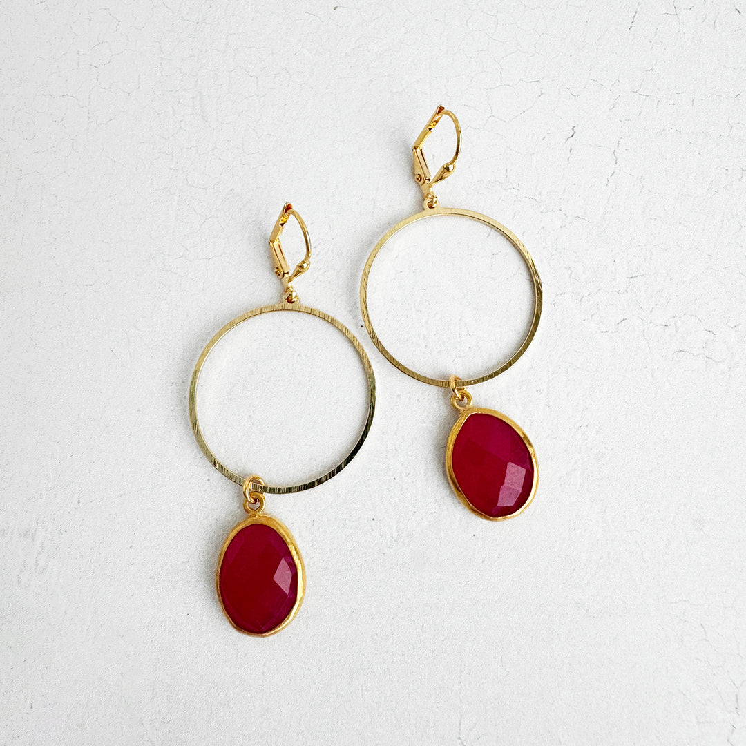 Fuchsia Chalcedony Hoop Dangle Earrings in Brushed Gold and Silver