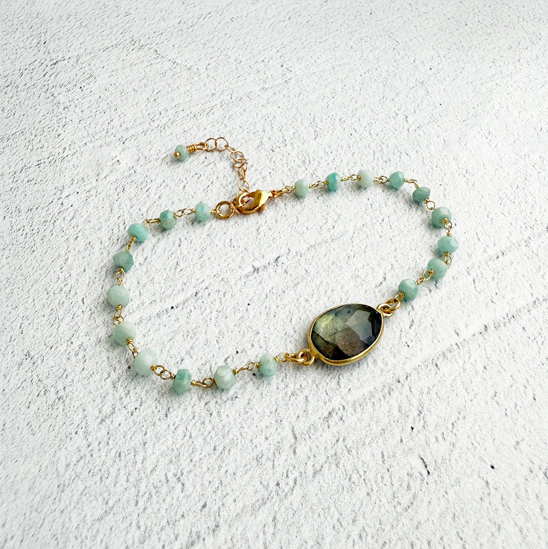 Labradorite and Amazonite Beaded Chain Bracelet in Gold