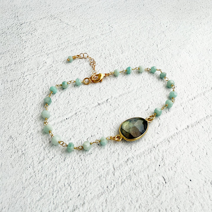 Labradorite and Amazonite Beaded Chain Bracelet in Gold
