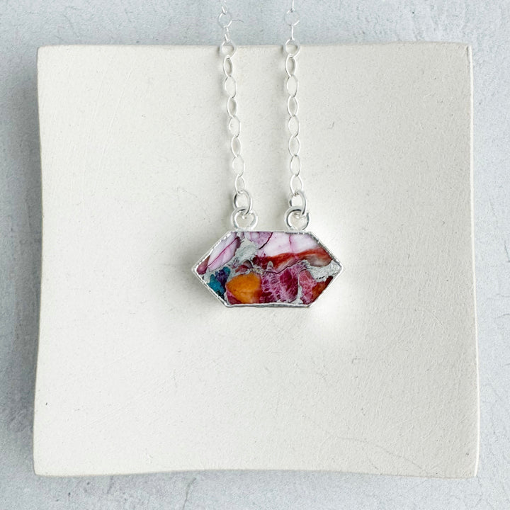 Pink Oyster Turquoise Rhombus Pendant Necklace on on Sterling Silver Chain.