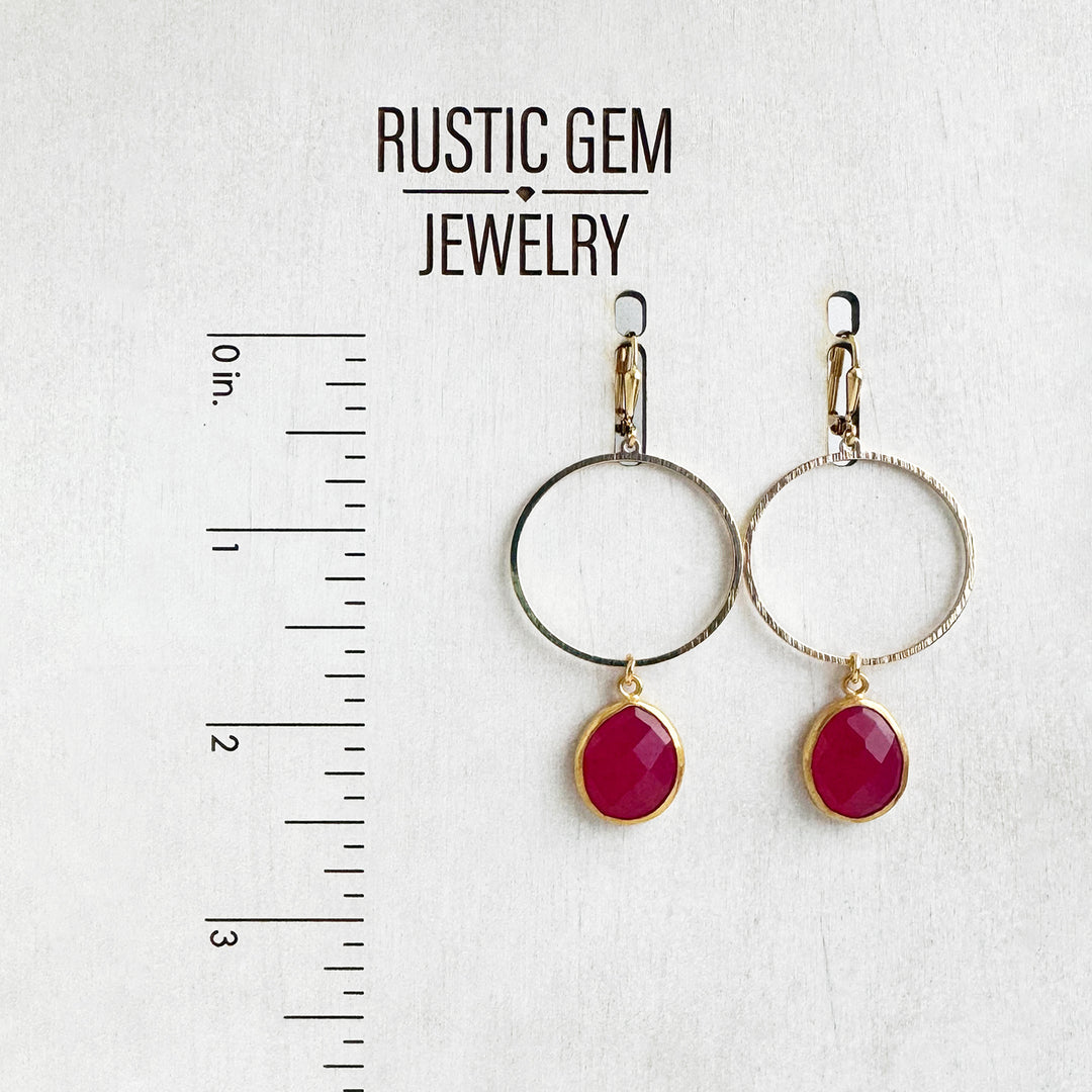 Fuchsia Chalcedony Hoop Dangle Earrings in Brushed Gold and Silver