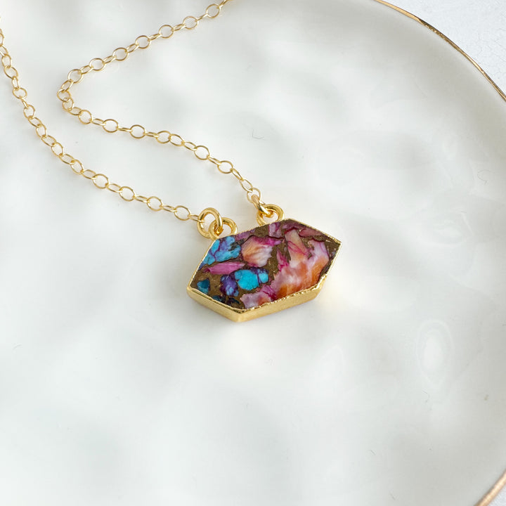 Pink Oyster Turquoise Rhombus Pendant Necklace on 14k Gold Filled Chain