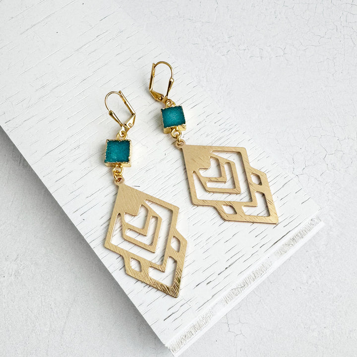 Teal Druzy Celtic Earrings in Brushed Gold