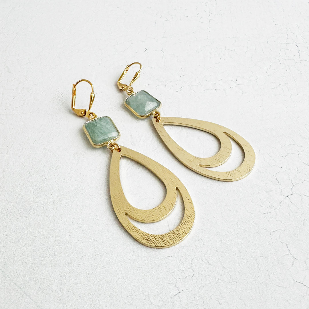 Aquamarine Double Teardrop Earrings in Brushed Gold