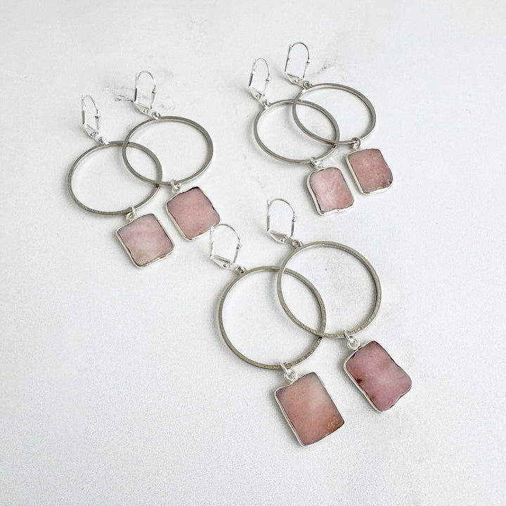 Freeform Pink Opal Hoop Dangle Earrings in Brushed Silver