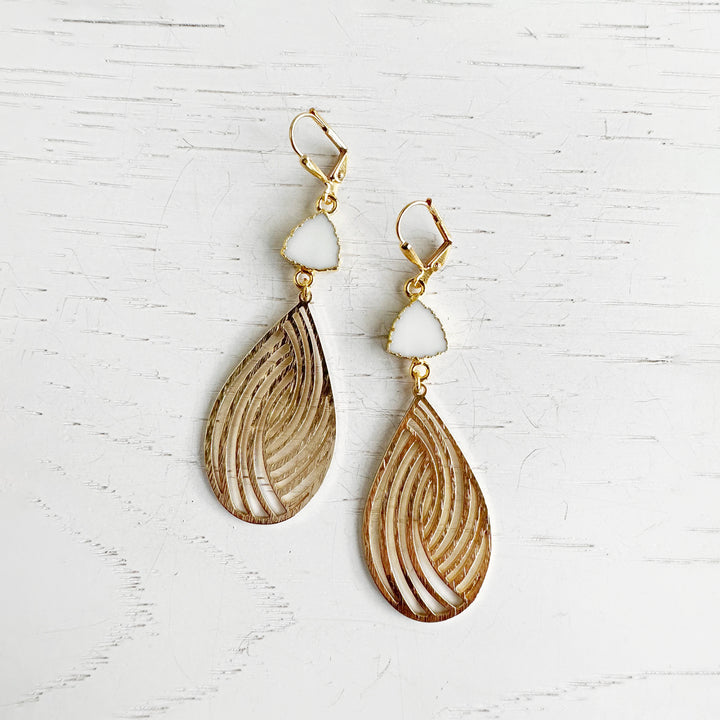 White Agate Statement Earrings in Brushed Brass Gold