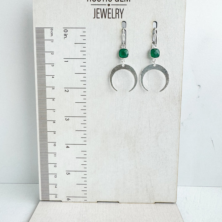 Green Stone and Brushed Silver Crescent Dangle Earrings