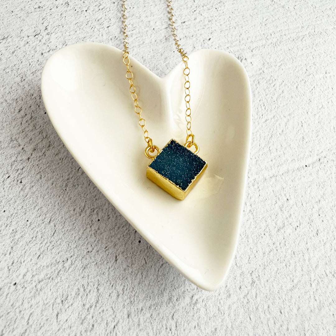 Blue Druzy Diamond Shape Pendant Necklace