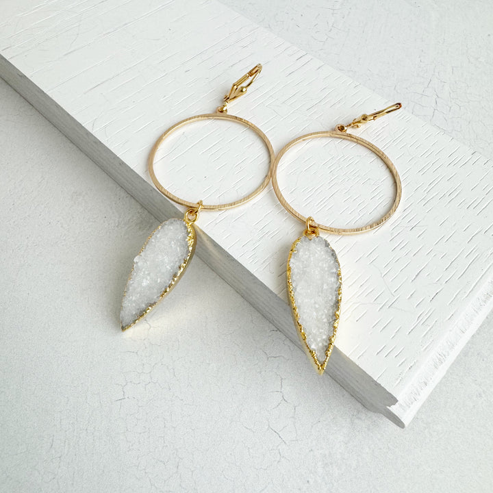 White Druzy Hoop Dangle Earrings in Gold