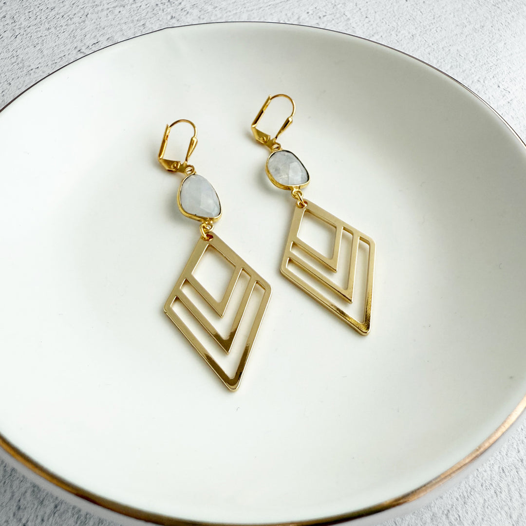 Moonstone and Layered Diamond Statement Earrings in Gold