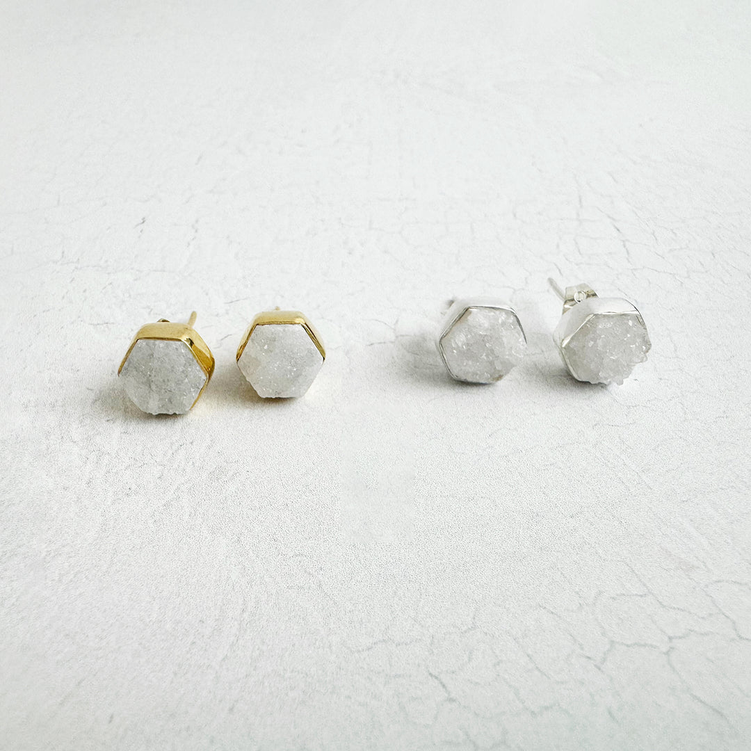 White Druzy Hexagon Stud Earrings in Gold and Silver