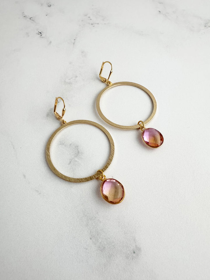 Pink Peach Aura Quartz Hoop Earrings in Brushed Gold