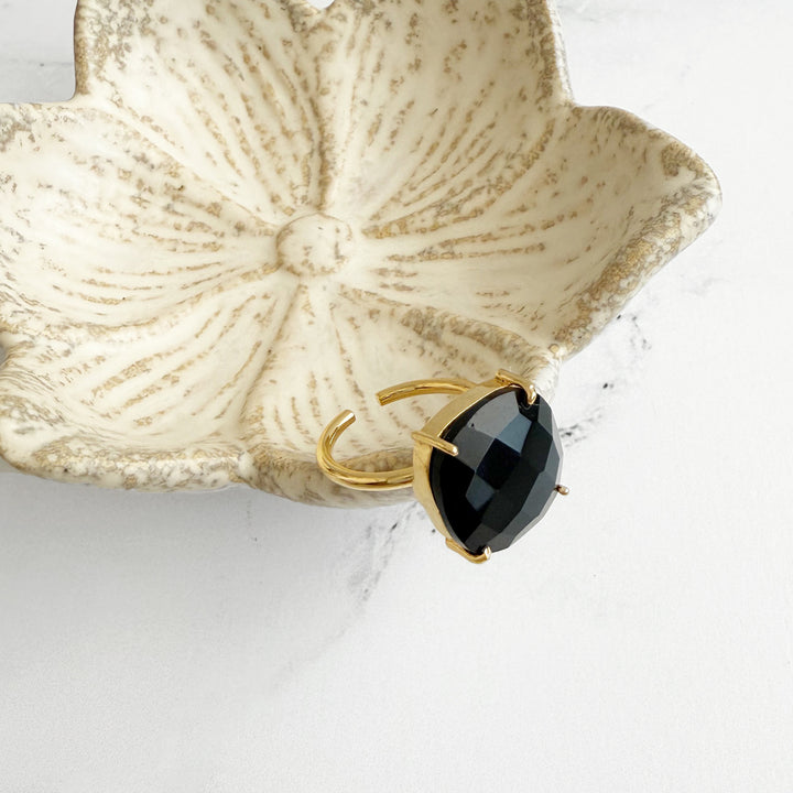 Large Black Onyx Gemstone Ring Prong Setting in Gold